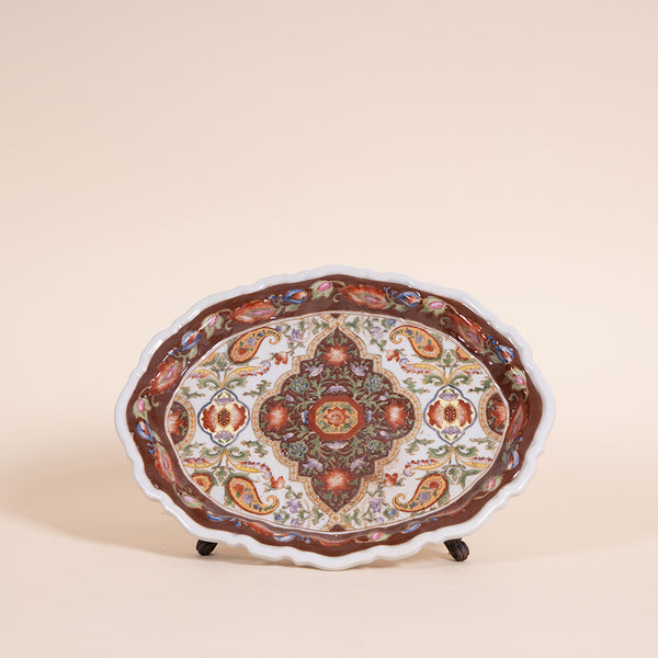 Beautiful hand-painted oriental tray for holding jewelry and any other cute objects you have lying around.  Intricate floral illustration on top and mini claw feet giving it some flair.  For decorative purposes only!  NOT for food use  *Note that due to the vintage status of wear - while we clean as thoroughly as we can, there may be some dirt build up and stains still existing.  Please examine the photos closely before making your purchase.  If you would like more information or have any other specific que