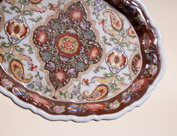 Beautiful hand-painted oriental tray for holding jewelry and any other cute objects you have lying around.  Intricate floral illustration on top and mini claw feet giving it some flair.  For decorative purposes only!  NOT for food use  *Note that due to the vintage status of wear - while we clean as thoroughly as we can, there may be some dirt build up and stains still existing.  Please examine the photos closely before making your purchase.  If you would like more information or have any other specific que