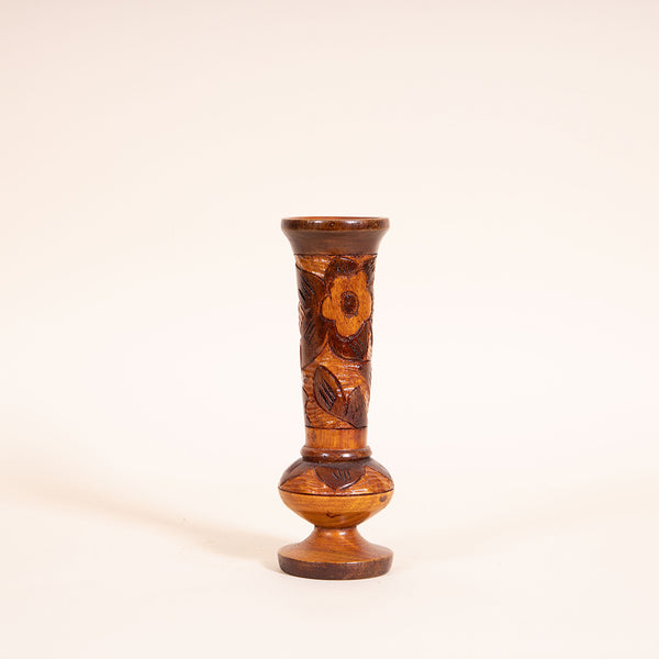 1970s Hand-carved wooden vessel, perfect for a tropical vintage feel in any room.  Measures 8.5" tall x 2.5" diameter  Features a Tiki Hut and flower  Spot clean only  *Note that due to the vintage status of wear - while we clean as thoroughly as we can, there may be some sun stains still existing.  Please examine the photos closely before making your purchase.  If you would like more information or have any other specific questions regarding the condition - email found@thehiddenhome.store*